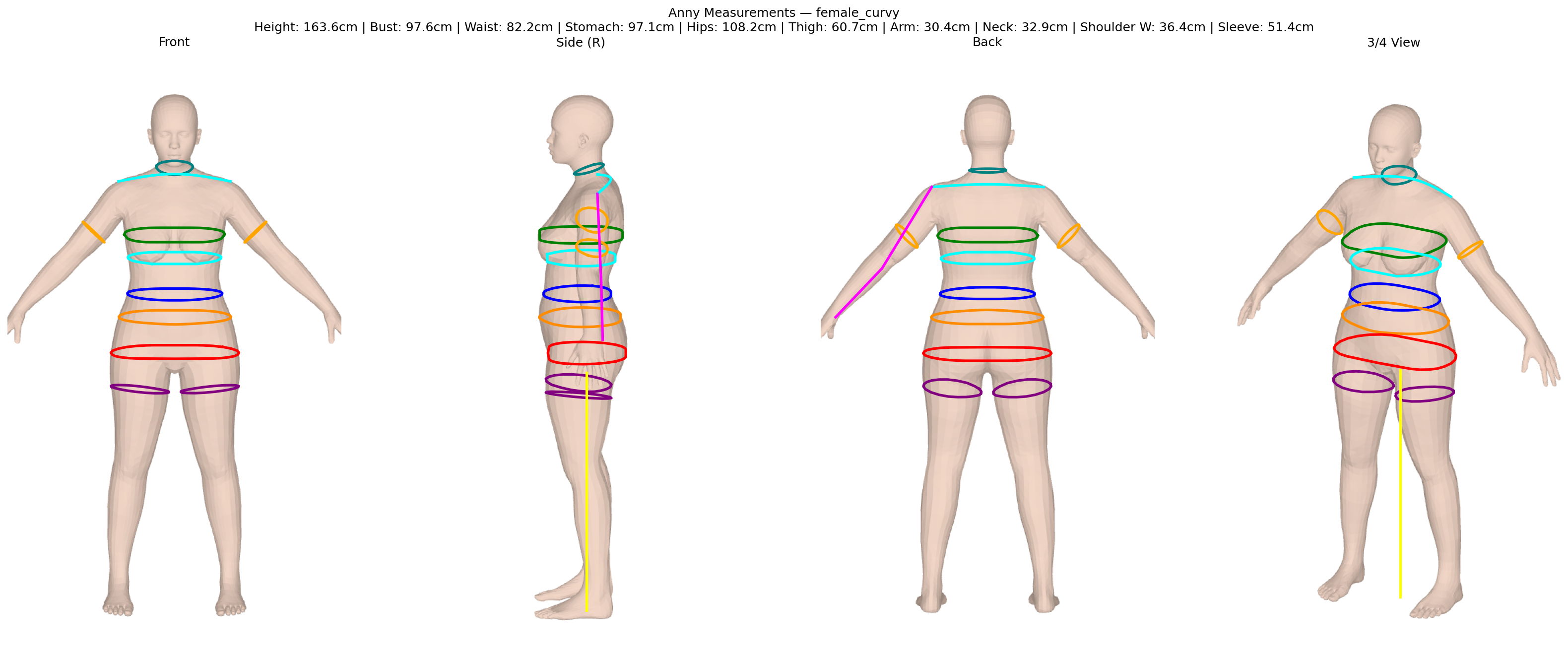 Anny body mesh with circumference measurements — female curvy body type