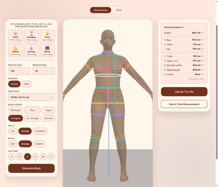 SizeMe questionnaire page — form inputs on the left, generated 3D body with ISO measurement contours in the middle, measurements panel on the right