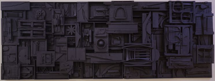 Louise Nevelson's Sky Cathedral (1982), a monumental black wooden wall sculpture