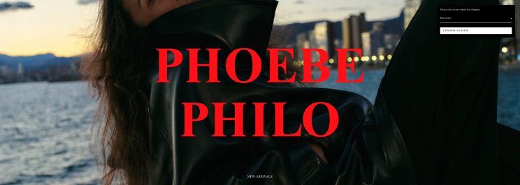 The Phoebe Philo website — a woman in black leather against a waterfront skyline, the designer's name in red