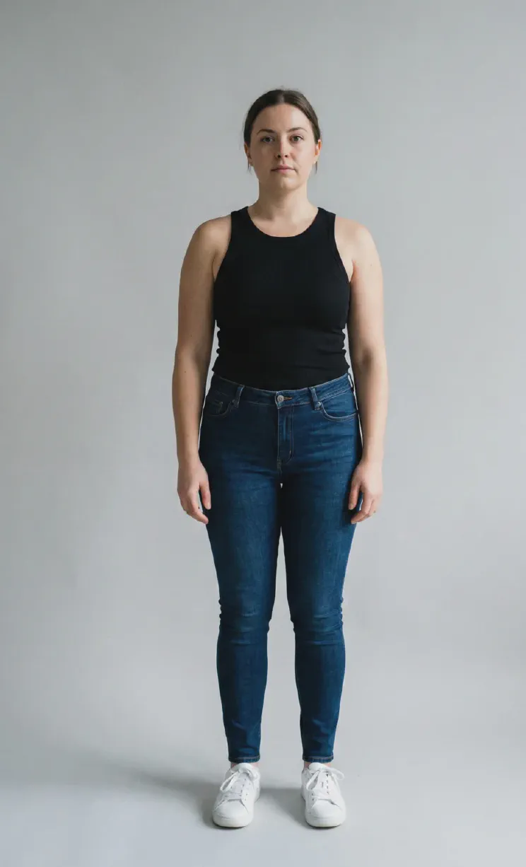 AI-generated reference photo of a woman in a black tank top and dark jeans, used as consistent input across all virtual try-on tools tested